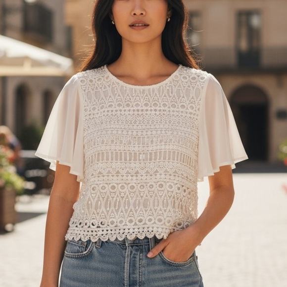 Womens Bebe White Crochet Lace Sheer Sleeve Top Size Medium - Picture 1 of 8